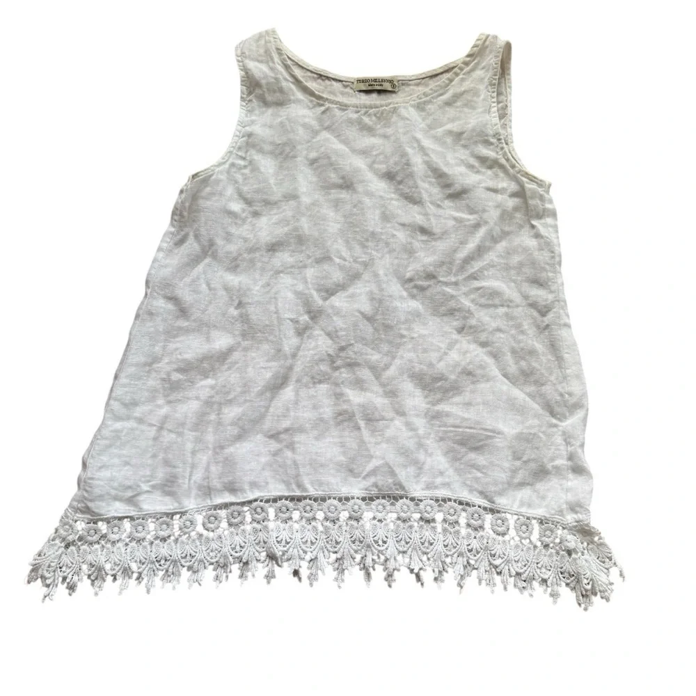 Terzo Millennio White 100% Linen Tank Top Lace Sleeveless Boho Coastal Italy S - Picture 2 of 8